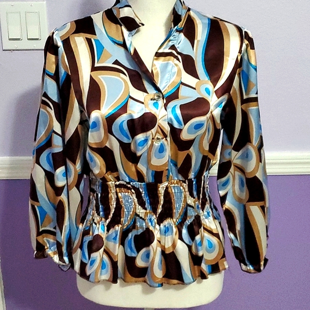 Brown, Tan Blue Funky Y2K Abstract Boho Print Satin Blouson Top M